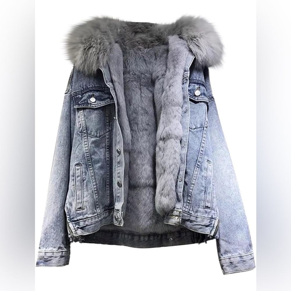 Denim Jacket with Faux Fur Lining - Gray